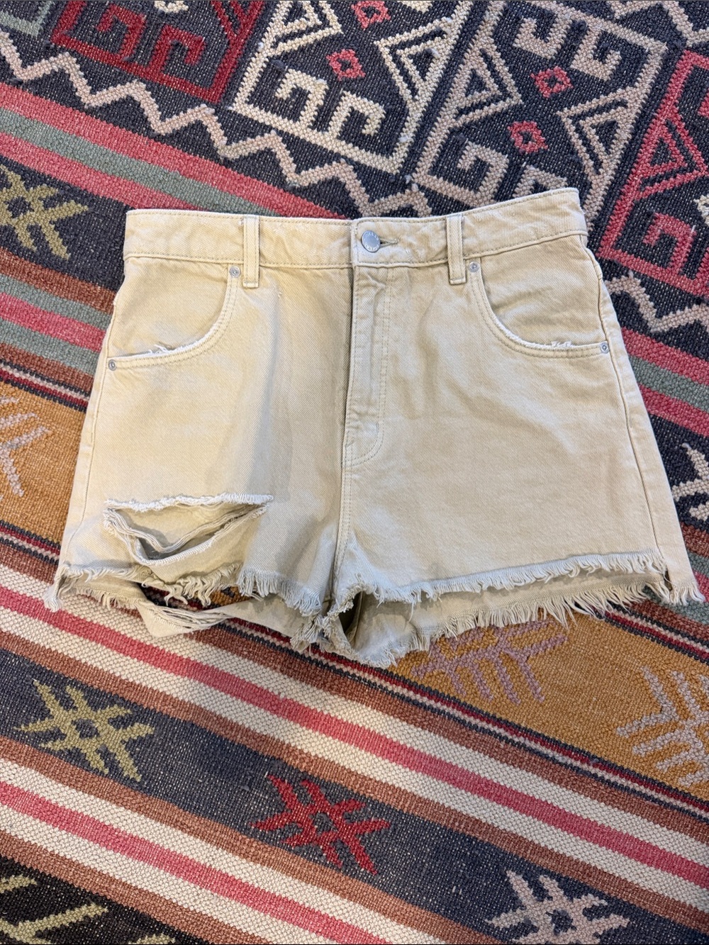 ROLLA'S Beige Distressed High-Rise Denim Shorts